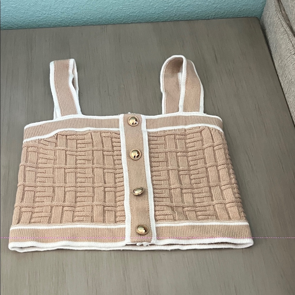 Tan Knit Crop Top with Gold Buttons